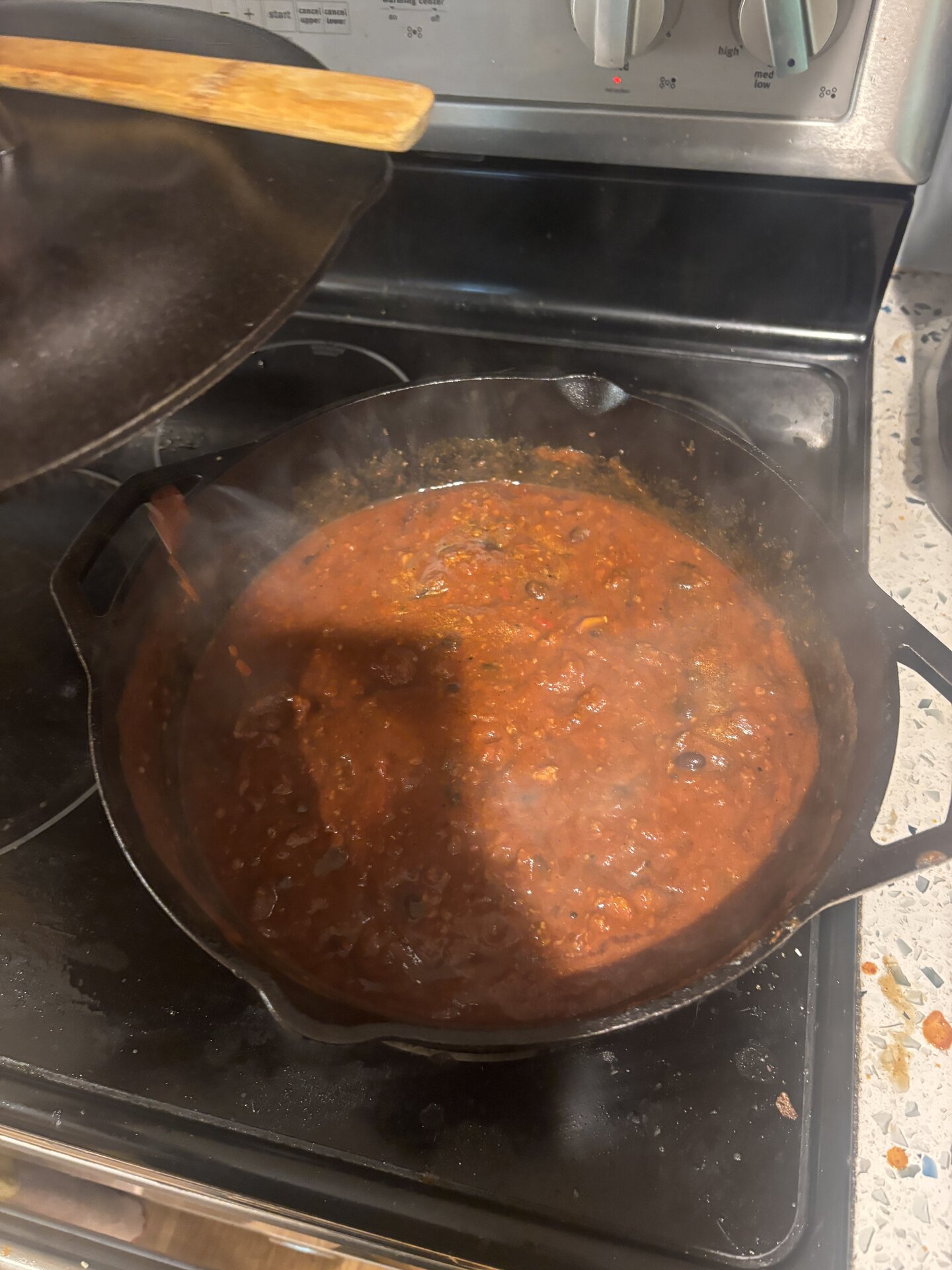 Finished chili bubbling in the Dutch oven